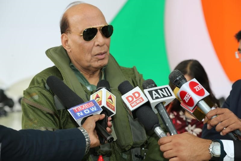 Raksha Mantri Shri Rajnath Singh briefing the media after flying a sortie in the newly inducted Rafale aircraft in France on October 8, 2019.