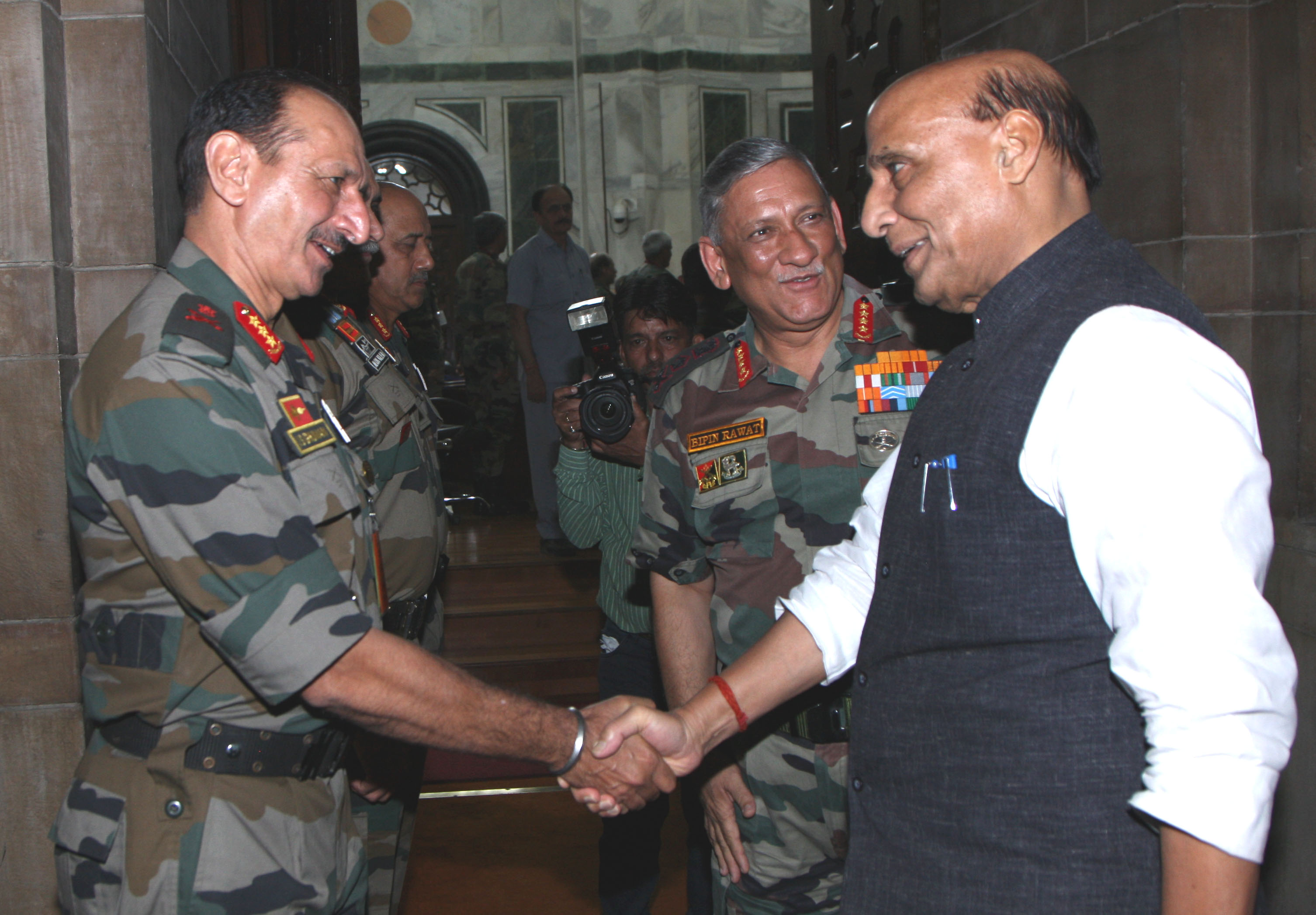 Raksha Mantri Shri Rajnath Singh meeting Army Commanders at the Army Commanders Conference in New Delhi on Friday, October 18, 2019. Also seen is Chief of the Army Staff General Bipin Rawat