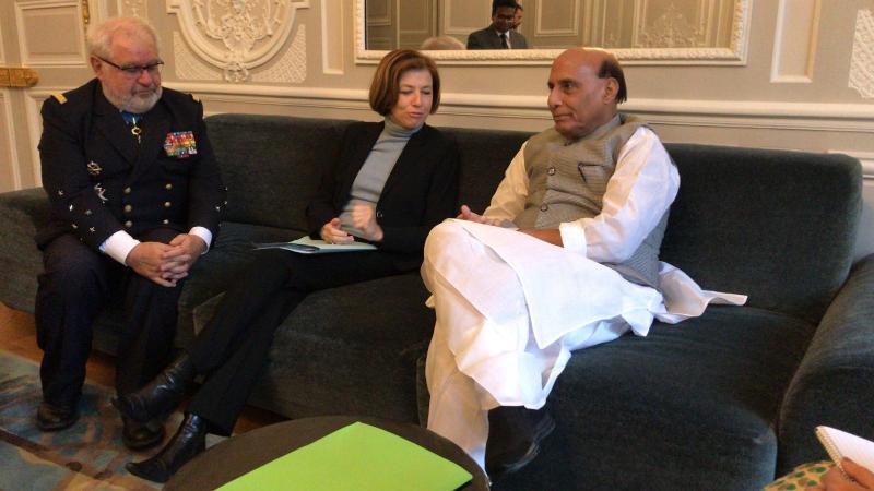Raksha Mantri Shri Rajnath Singh with the French Minister of Armed Forces, Ms Florence Parly before his meeting with the President of France in Paris on October 08, 2019. Also seen in the picture is Defence Advisor to the President of France, Admiral Bernard Rogel.