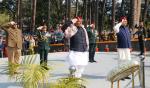 Raksha Mantri Shri Rajnath Singh paying homage to the brave Armed Forces personnel from Uttarakhand at Shaurya Sthal dedicated by him to the Armed Forces at Dehradun Cantonment on the occasion of 7th Armed Forces Veterans’ Day on January 14, 2023. Also seen is Chief Minister of Uttarakhand Shri Pushkar Singh Dhami.
