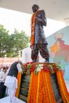 Raksha Mantri Shri Rajnath Singh paying floral tributes to Sardar Vallabhbhai Patel at his statue in Lucknow, Uttar Pradesh on the occasion of 148th birth anniversary of Iron Man of India on October 31, 2023.