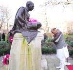 Raksha Mantri Shri Rajnath Singh paying floral tributes to Father of the Nation Mahatma Gandhi at his statue in London, United Kingdom on January 09, 2024.